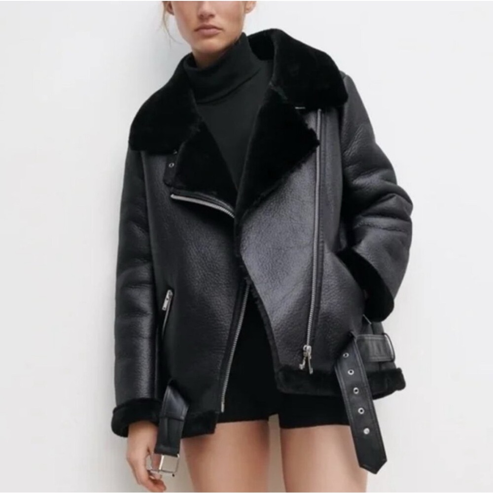 Zara Black Faux Leather Aviator Jacket